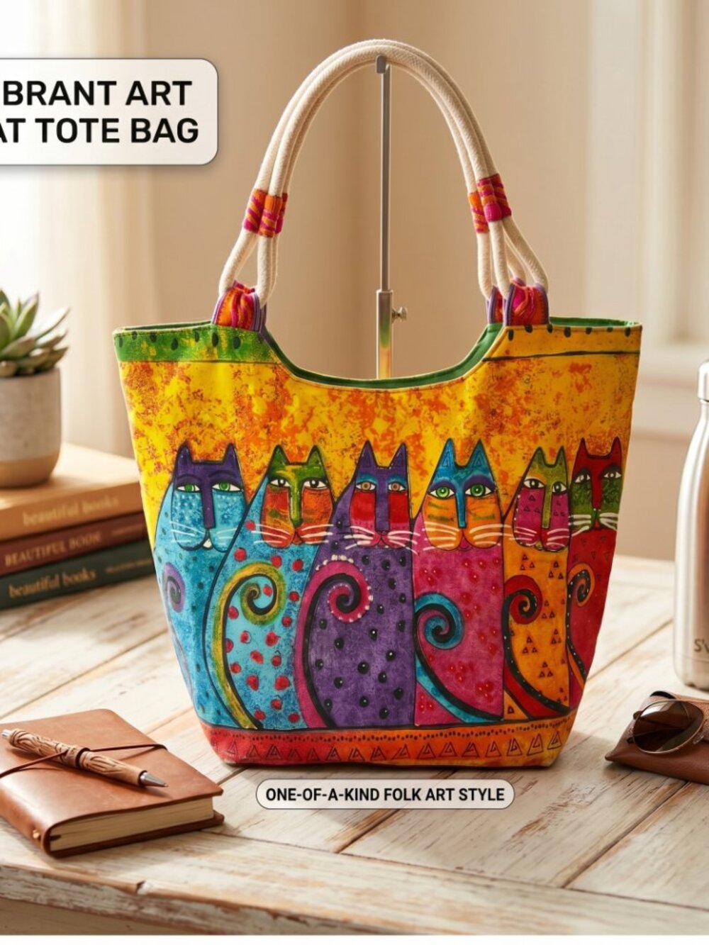 Laurel Burch Large Tote Bag 19" - Colorful Cats Feline Art Print - Canvas Bag